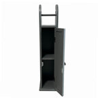 Grey toilet roll holder with open cupboard door showing internal storage shelves and top roll holder.