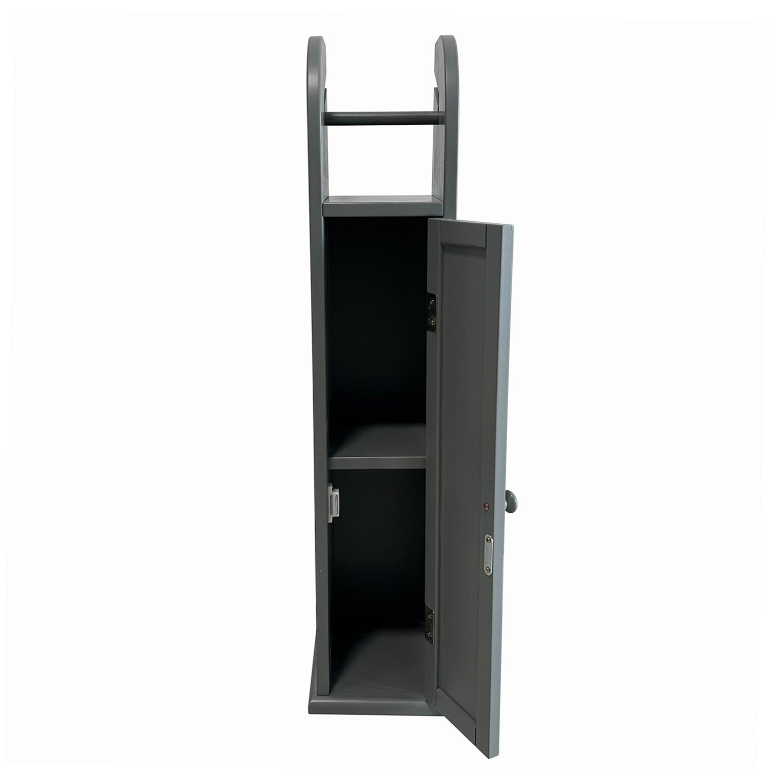 Grey toilet roll holder with open cupboard door showing internal storage shelves and top roll holder.