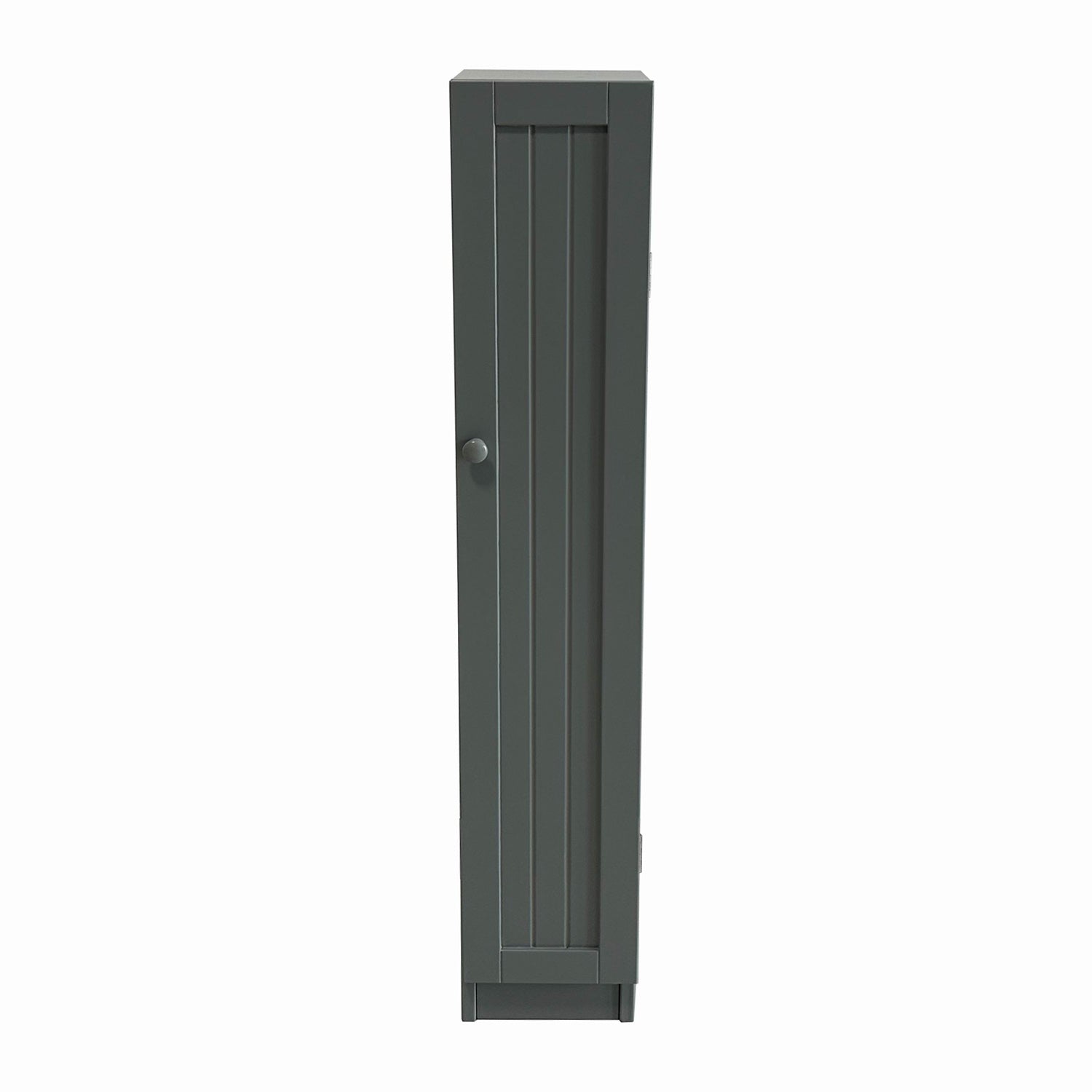 Grey slim freestanding bathroom cabinet with panelled door and round knob on a white background.