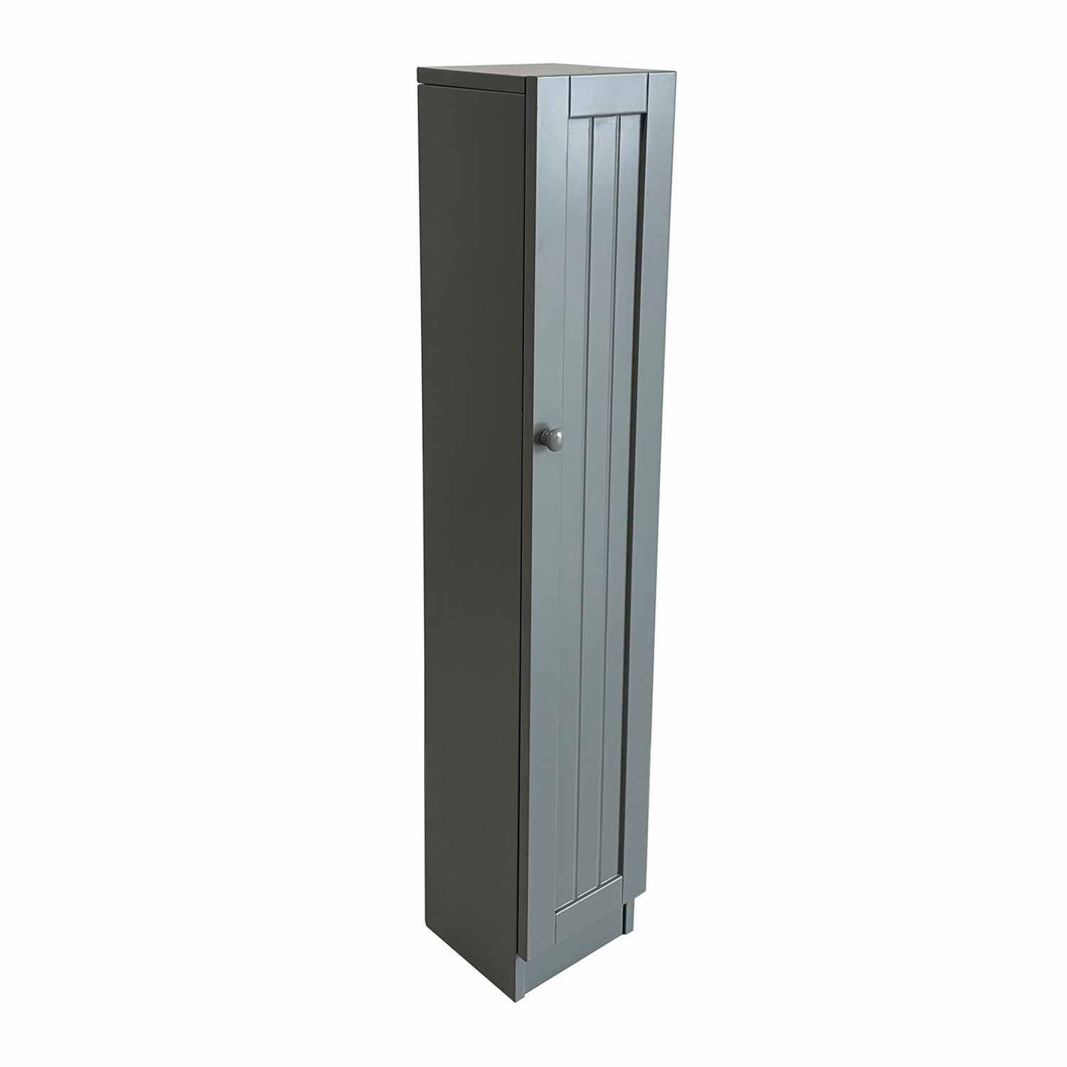Grey slim freestanding bathroom cabinet with panelled door and round knob on a white background.