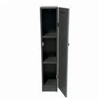 Grey slim bathroom cabinet with open door showing internal storage shelves on a white background.