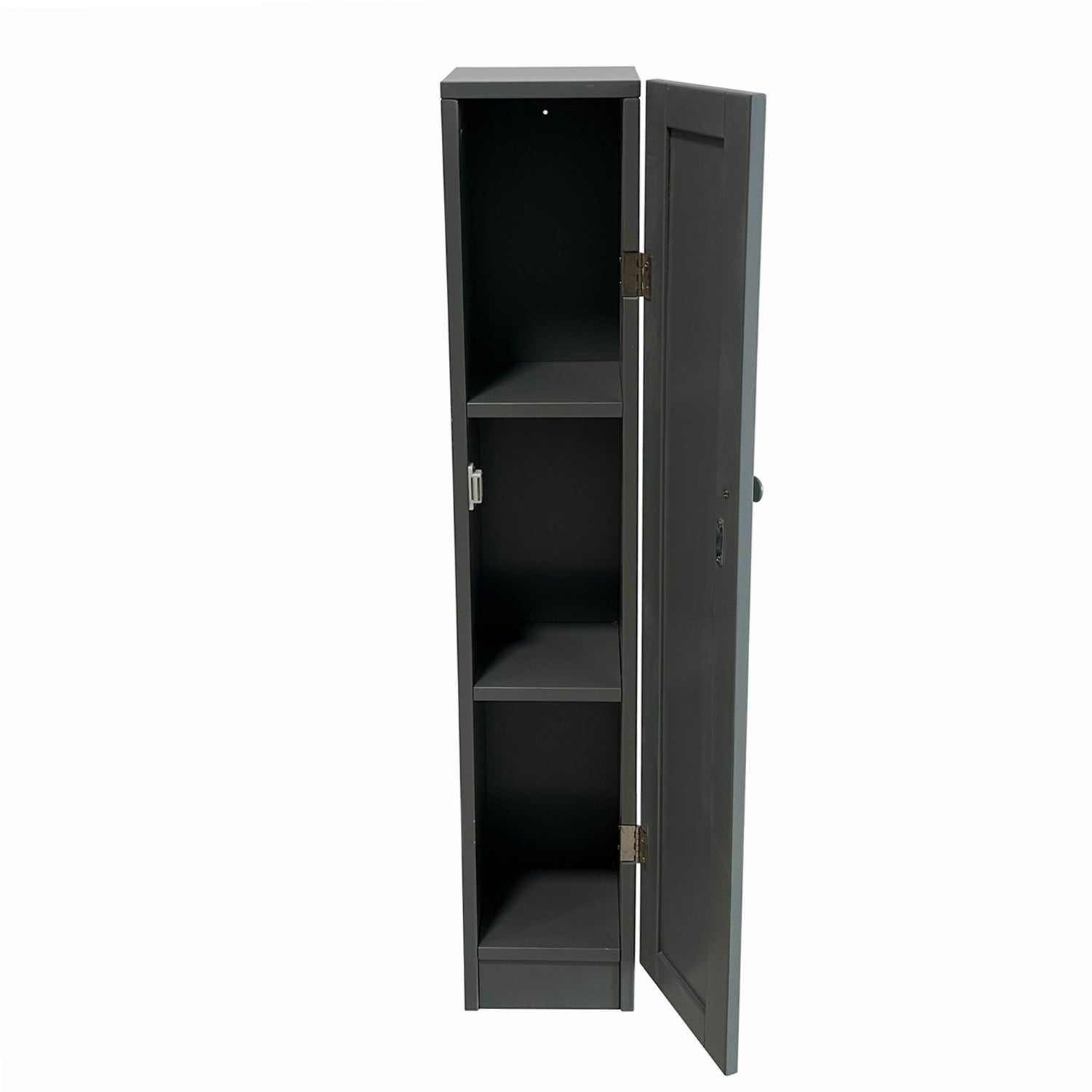 Grey slim bathroom cabinet with open door showing internal storage shelves on a white background.