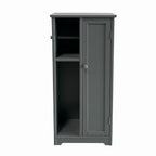 Grey toilet roll holder and cabinet with open shelves, enclosed cupboard, and side roll holder on a white background.