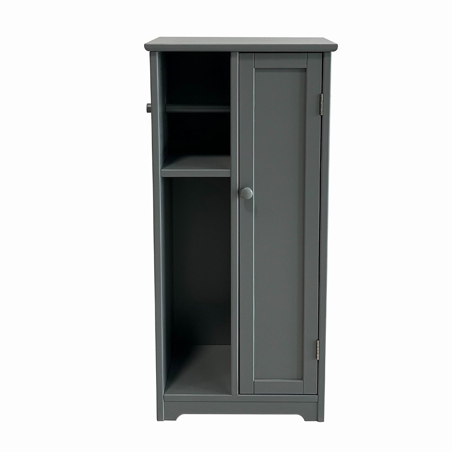 Grey toilet roll holder and cabinet with open shelves, enclosed cupboard, and side roll holder on a white background.
