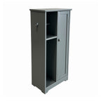 Grey toilet roll holder and cabinet with open shelves, enclosed cupboard, and side roll holder on a white background.