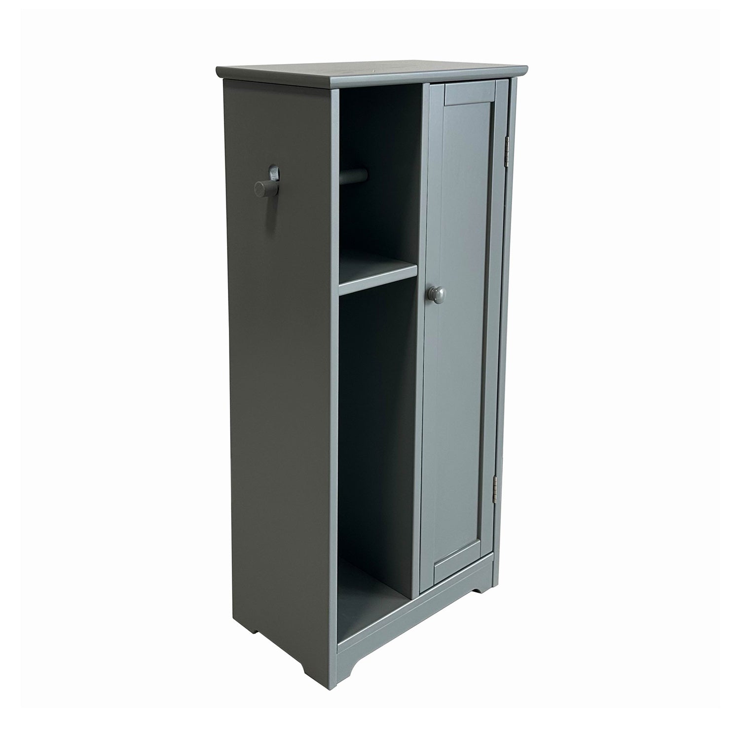 Grey toilet roll holder and cabinet with open shelves, enclosed cupboard, and side roll holder on a white background.
