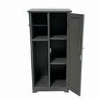 Grey toilet roll holder and cabinet with open shelves, enclosed cupboard, and side roll holder on a white background.