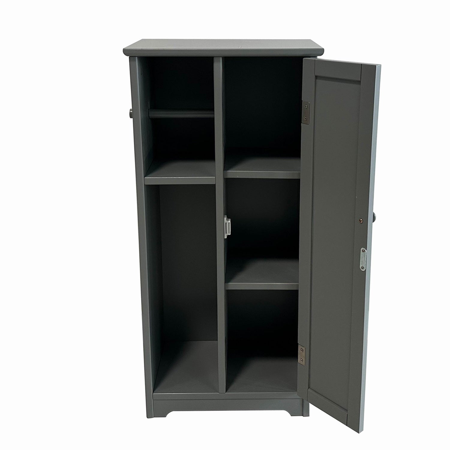 Grey toilet roll holder and cabinet with open shelves, enclosed cupboard, and side roll holder on a white background.