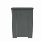 Grey freestanding laundry hamper with panelled front on a white background.