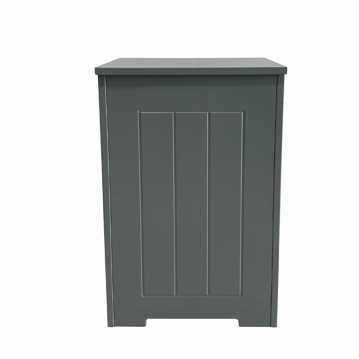 Grey freestanding laundry hamper with panelled front on a white background.