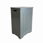 Grey freestanding laundry hamper with panelled front on a white background.