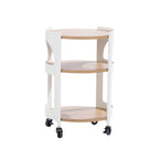 Solace Parker 3 Tier Trolley in white and natural, featuring three round wood-look shelves, a white frame and caster wheels.