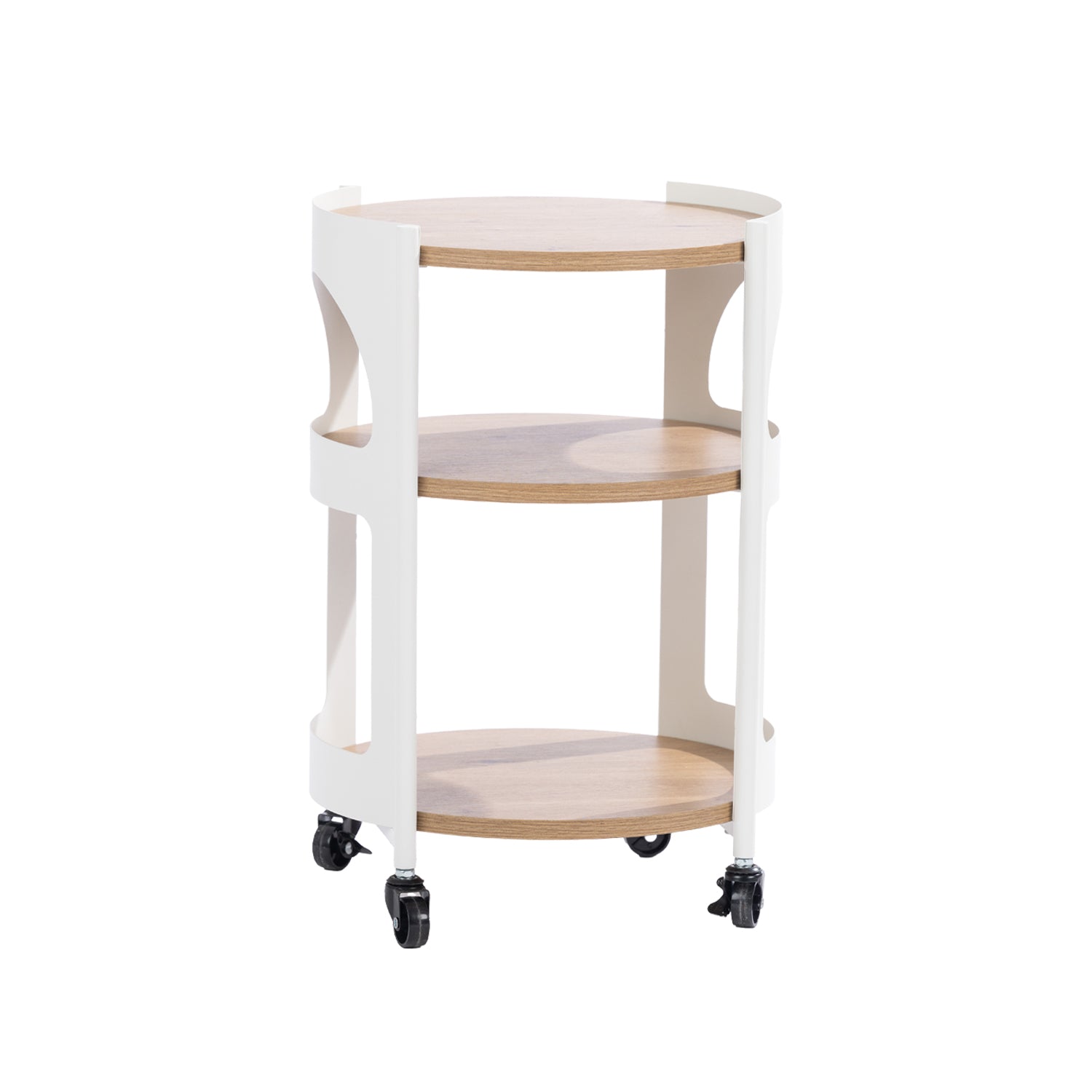 Solace Parker 3 Tier Trolley in white and natural, featuring three round wood-look shelves, a white frame and caster wheels.