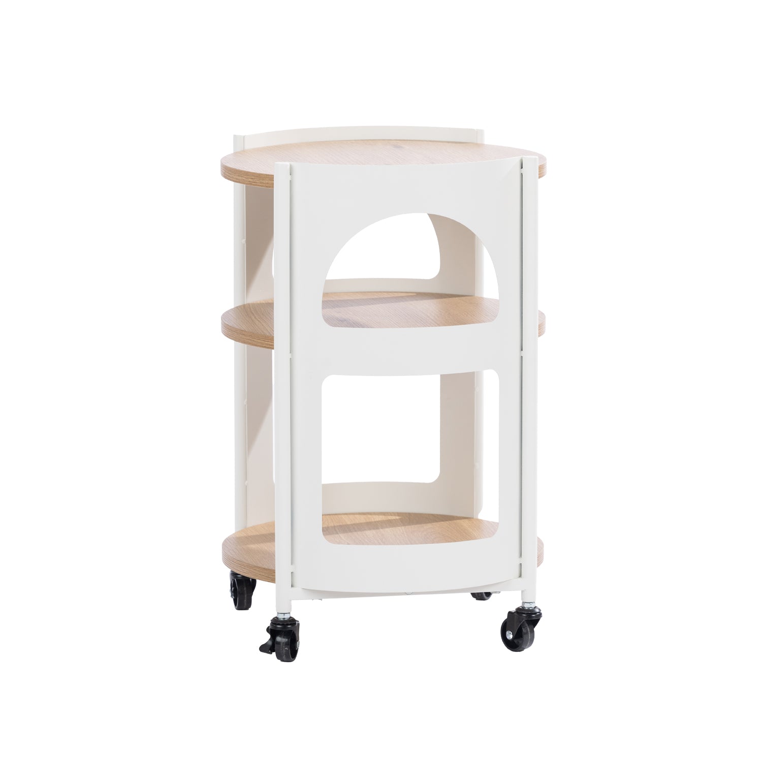Back view of the Solace Parker 3 Tier Trolley in white and natural, showing the open curved frame, three shelves and caster wheels.