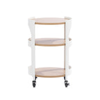 Front view of the Solace Parker 3 Tier Trolley in white and natural, featuring three round shelves and a wheeled base.
