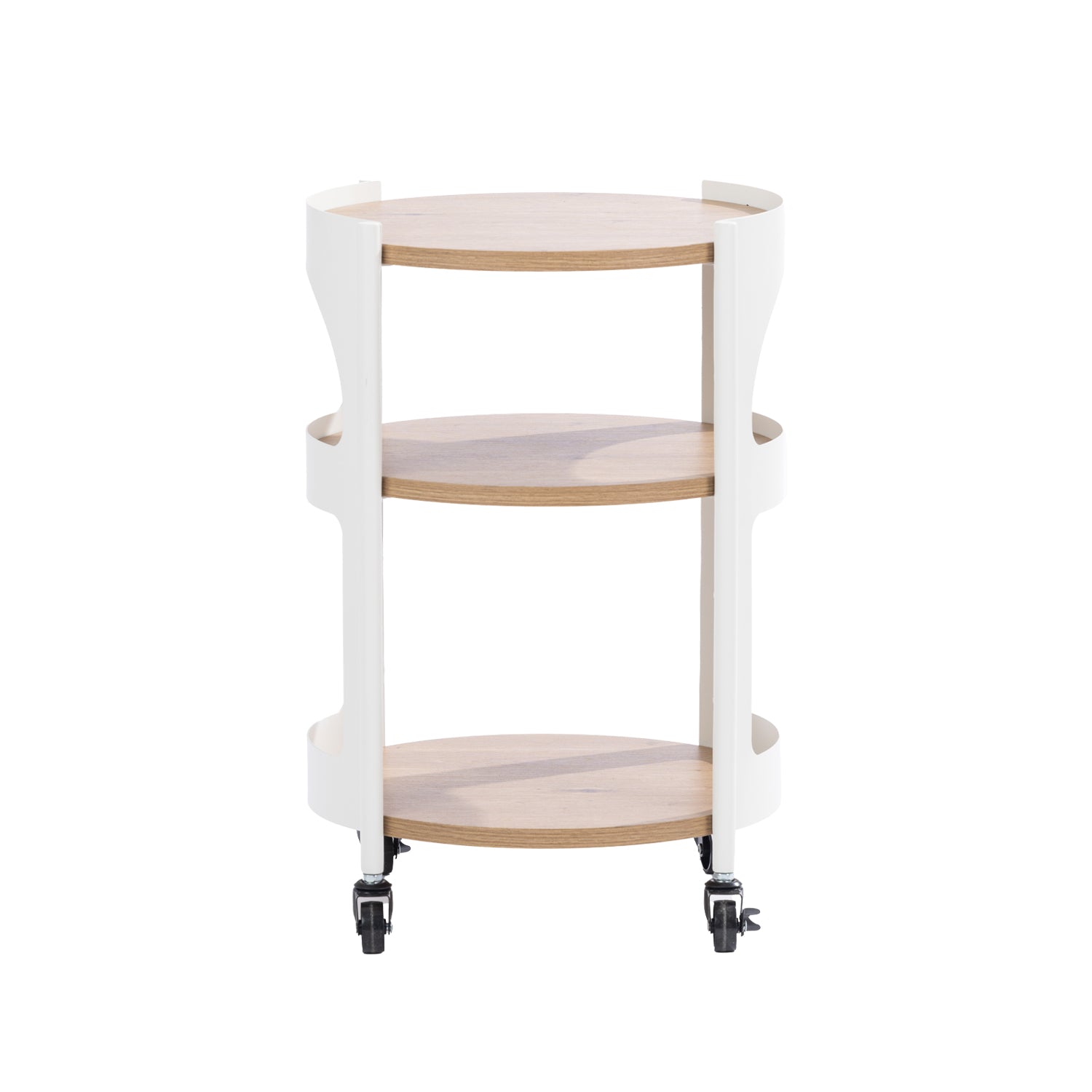 Front view of the Solace Parker 3 Tier Trolley in white and natural, featuring three round shelves and a wheeled base.