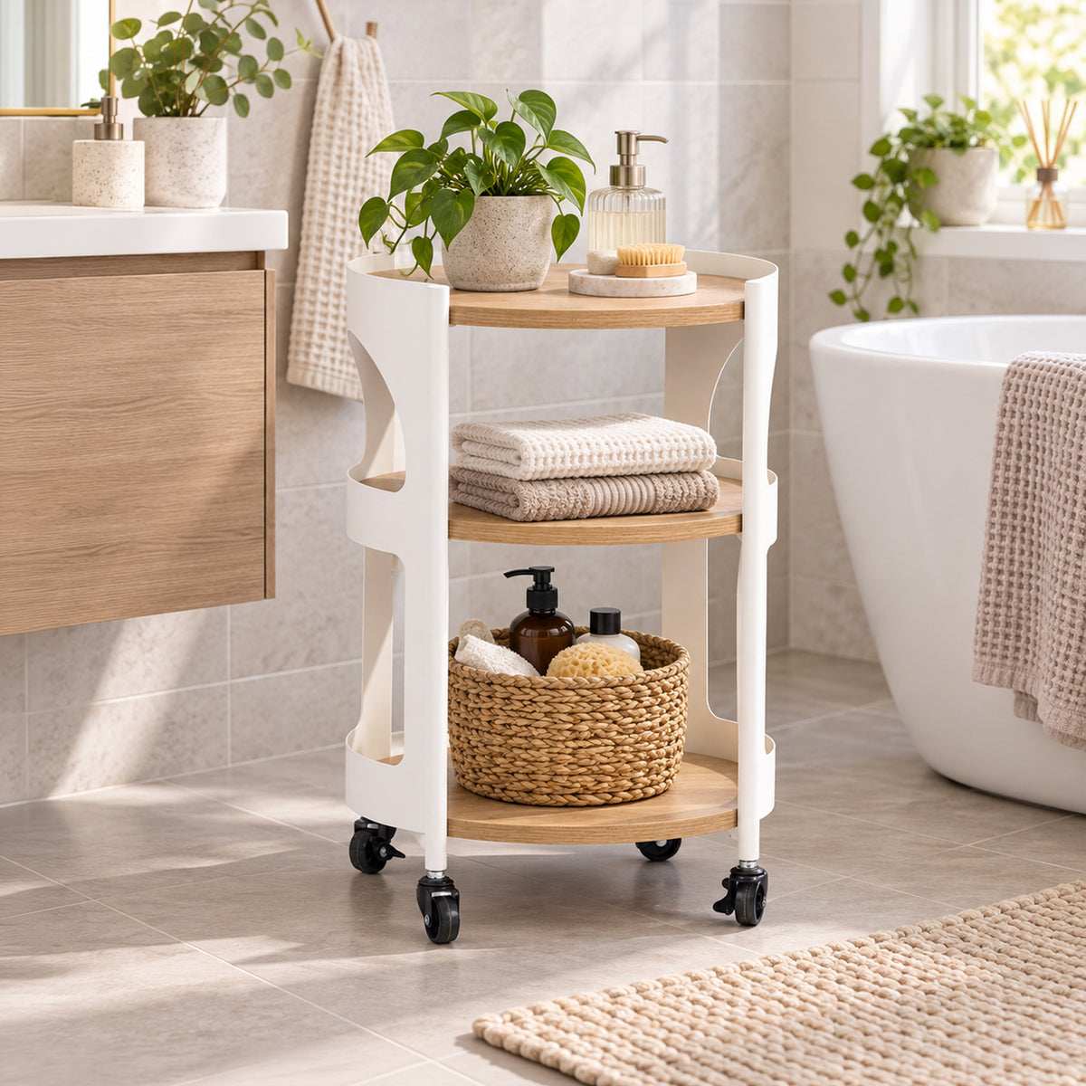 Solace Parker 3 Tier Trolley in White/Natural displayed in a bright modern bathroom, styled with folded towels, toiletries, a woven storage basket and potted greenery.