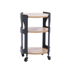 Solace Parker 3 Tier Trolley in black and natural, featuring three round wood-look shelves, a black frame and caster wheels.