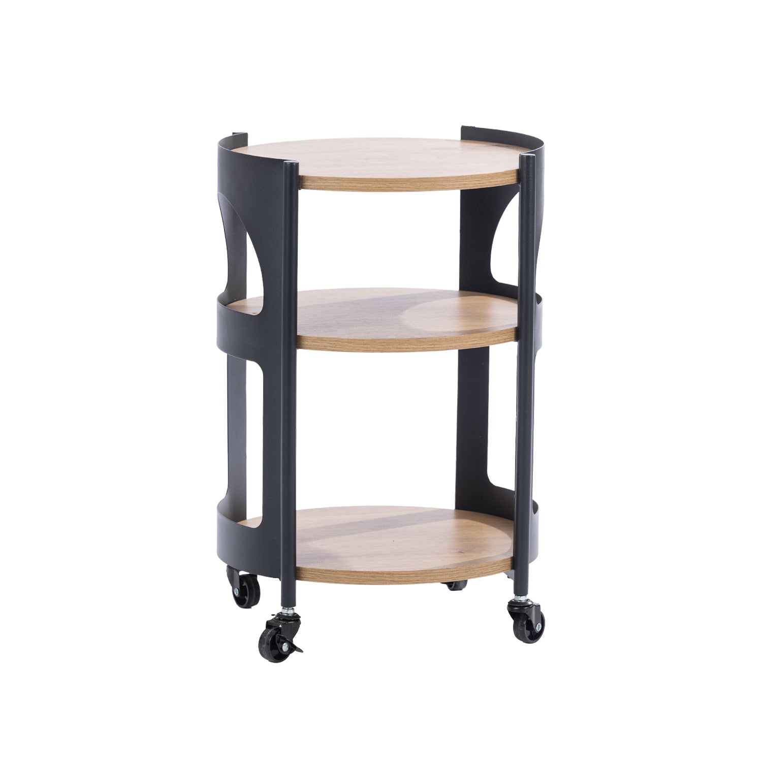 Solace Parker 3 Tier Trolley in black and natural, featuring three round wood-look shelves, a black frame and caster wheels.