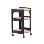 Rear angled view of the Solace Parker 3 Tier Trolley in black and natural, showing the curved side panels, three shelves and caster wheels.