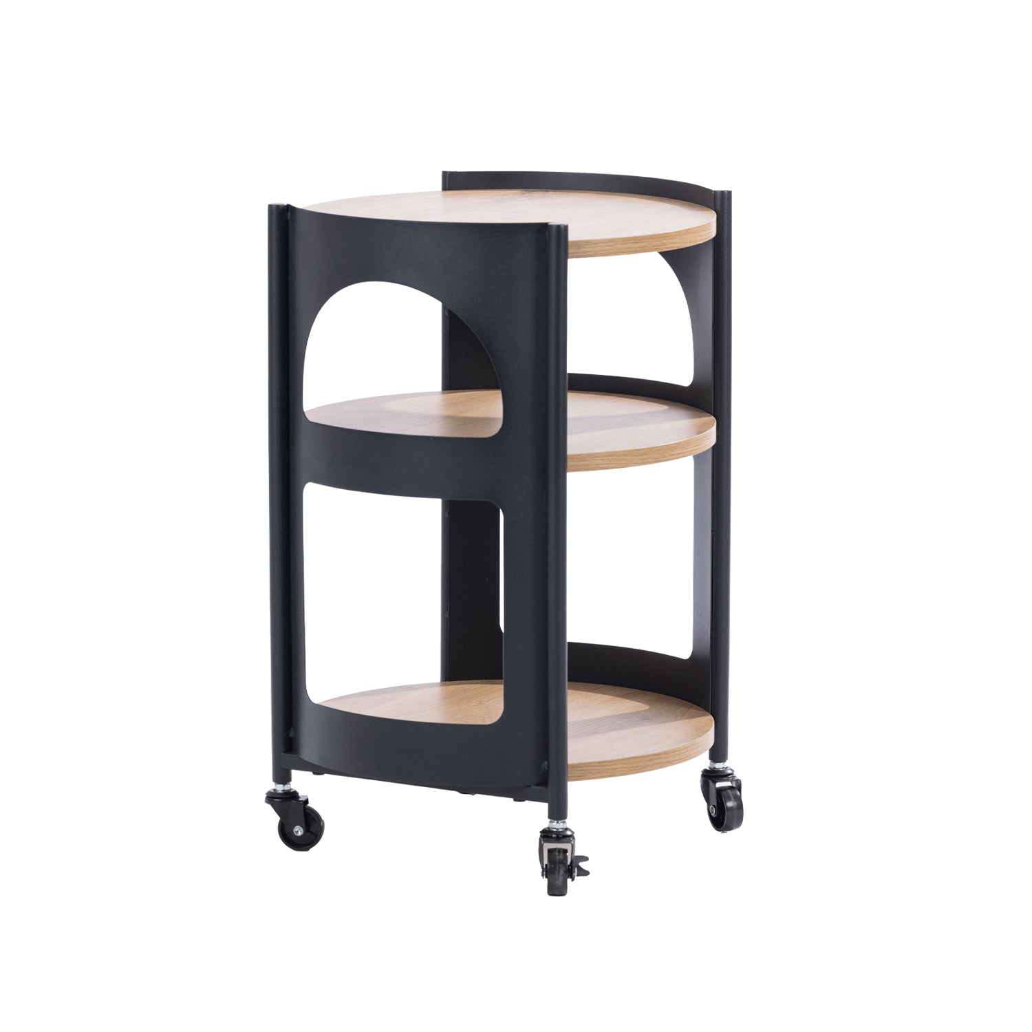 Rear angled view of the Solace Parker 3 Tier Trolley in black and natural, showing the curved side panels, three shelves and caster wheels.
