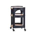 Back view of the Solace Parker 3 Tier Trolley in black and natural, showing the open curved frame, three shelves and caster wheels.