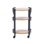Front view of the Solace Parker 3 Tier Trolley in black and natural, featuring three round shelves and a wheeled base.