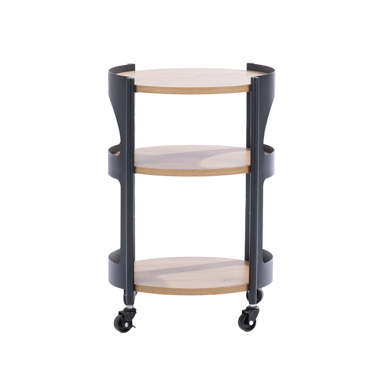 Front view of the Solace Parker 3 Tier Trolley in black and natural, featuring three round shelves and a wheeled base.