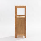 A tall, narrow wooden cabinet or display stand made of warm medium-brown wood, featuring a single open upper shelf and a lower cabinet door with a small round knob, photographed against a clean white studio background. Side View