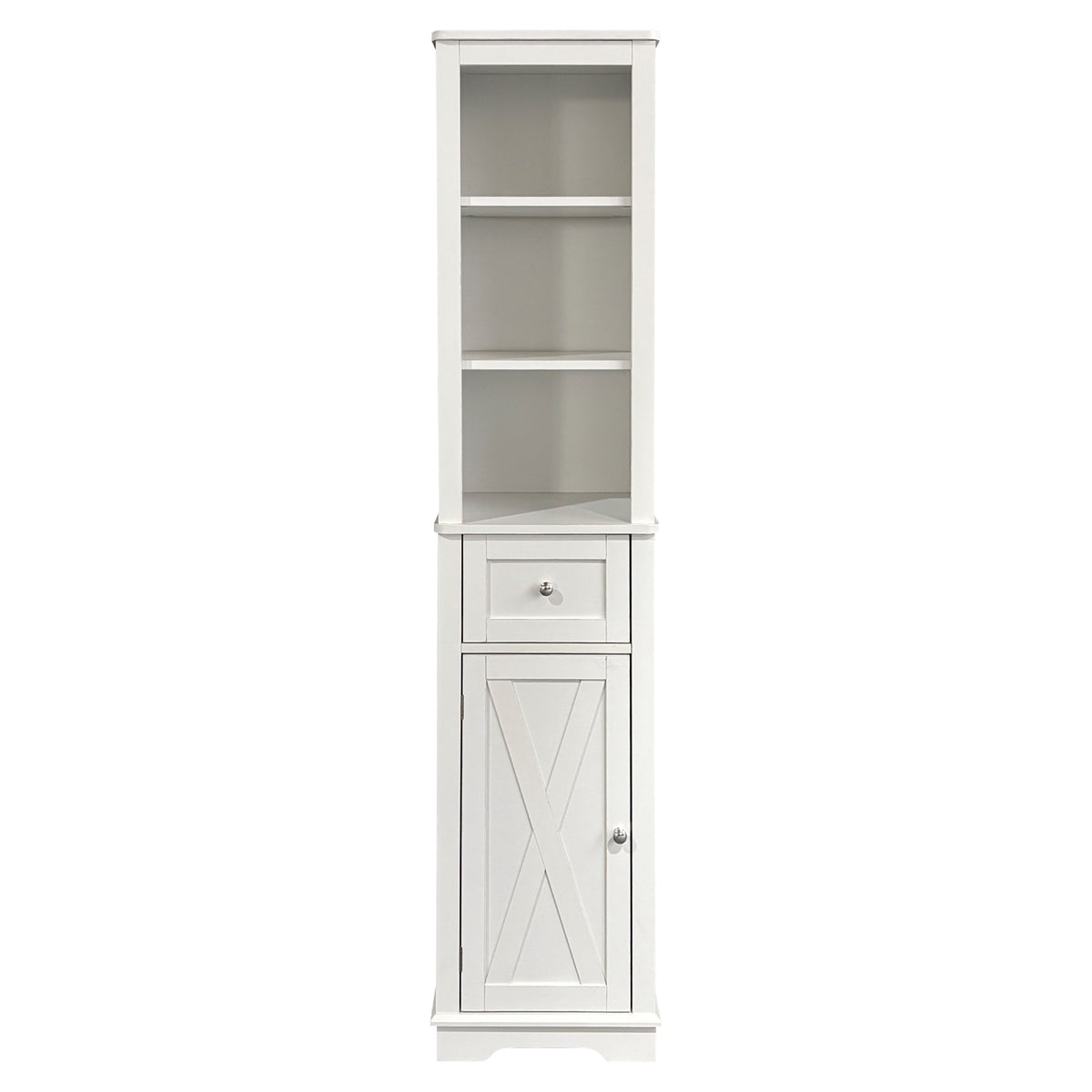 Tall white bathroom cabinet with shelves