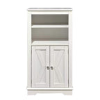 A 2 shelf 1 door white bathroom cabinet.