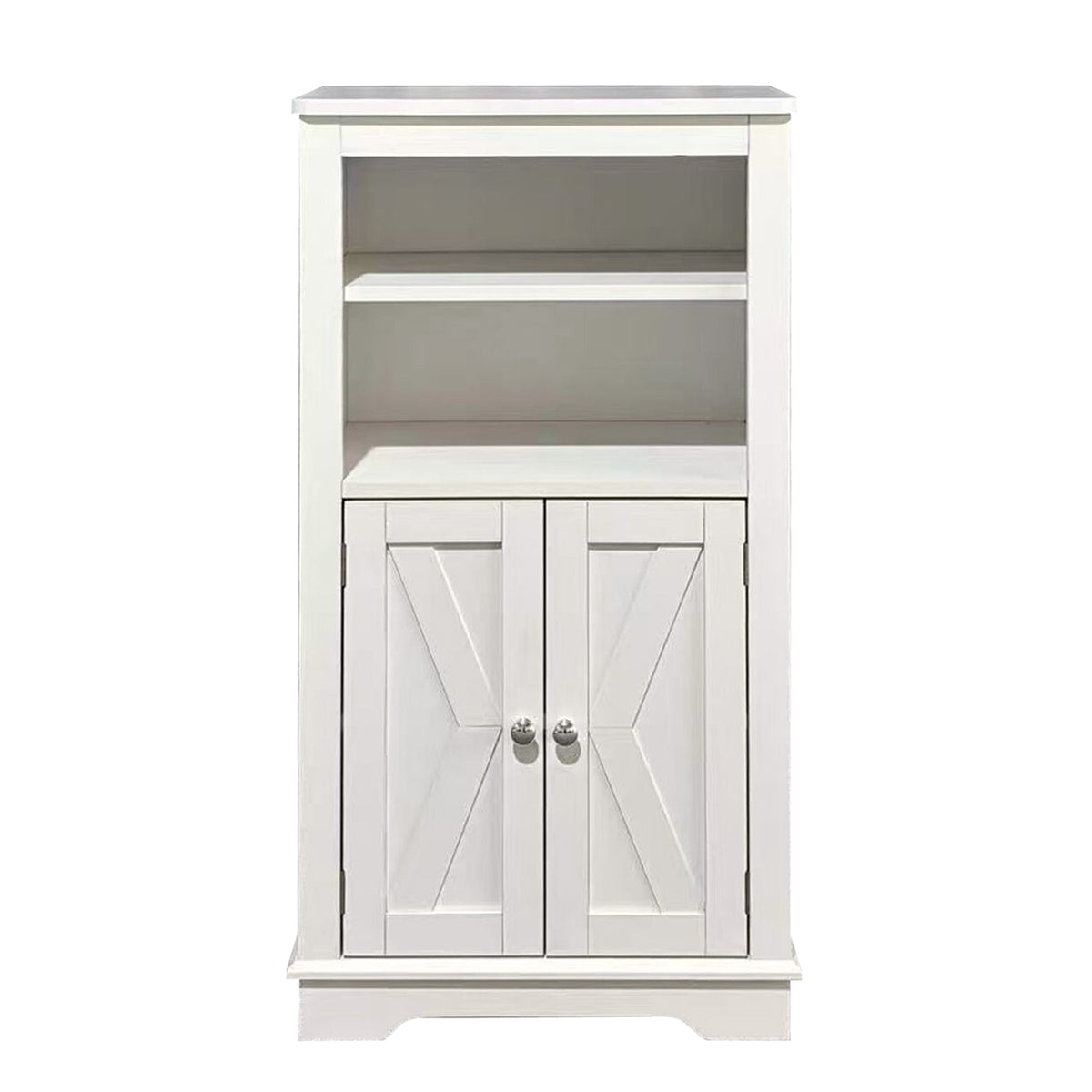 A 2 shelf 1 door white bathroom cabinet.