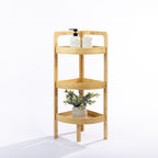 Solace Hale 3 Tier Corner Shelf Tall Natural styled with bathroom accessories and a decorative plant on a white background.
