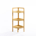 Solace Hale 3 Tier Corner Shelf Tall Natural styled with bathroom accessories and a decorative plant on a white background.
