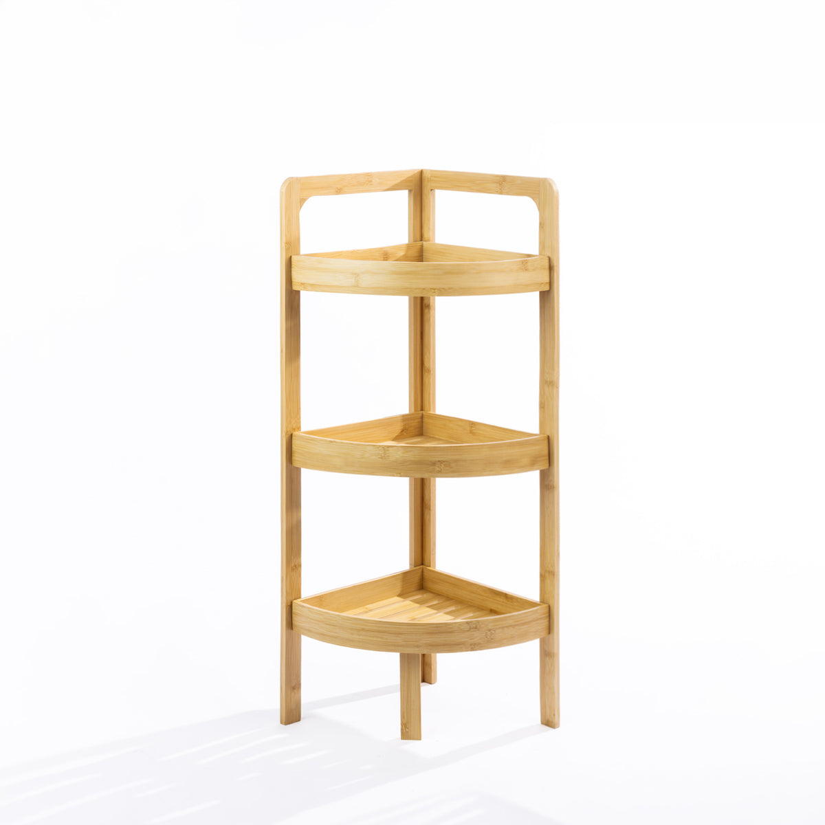 Solace Hale 3 Tier Corner Shelf Tall Natural styled with bathroom accessories and a decorative plant on a white background.