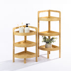 Solace Hale 3 Tier Corner Shelf Tall Natural styled with bathroom accessories and a decorative plant on a white background.