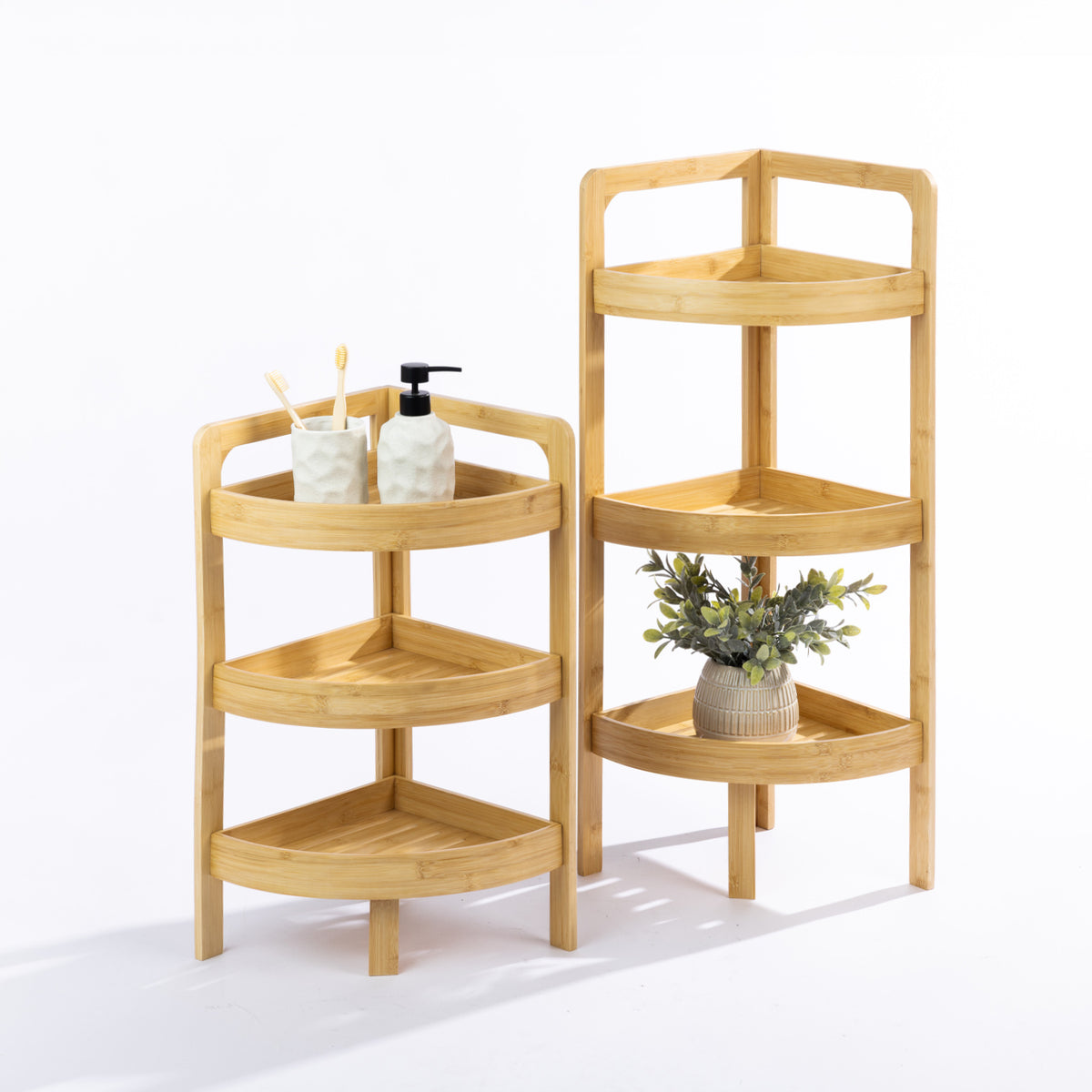 Solace Hale 3 Tier Corner Shelf Tall Natural styled with bathroom accessories and a decorative plant on a white background.