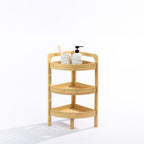 Solace Hale 3 Tier Corner Shelf Short Natural styled with a toothbrush holder and soap dispenser on a white background.