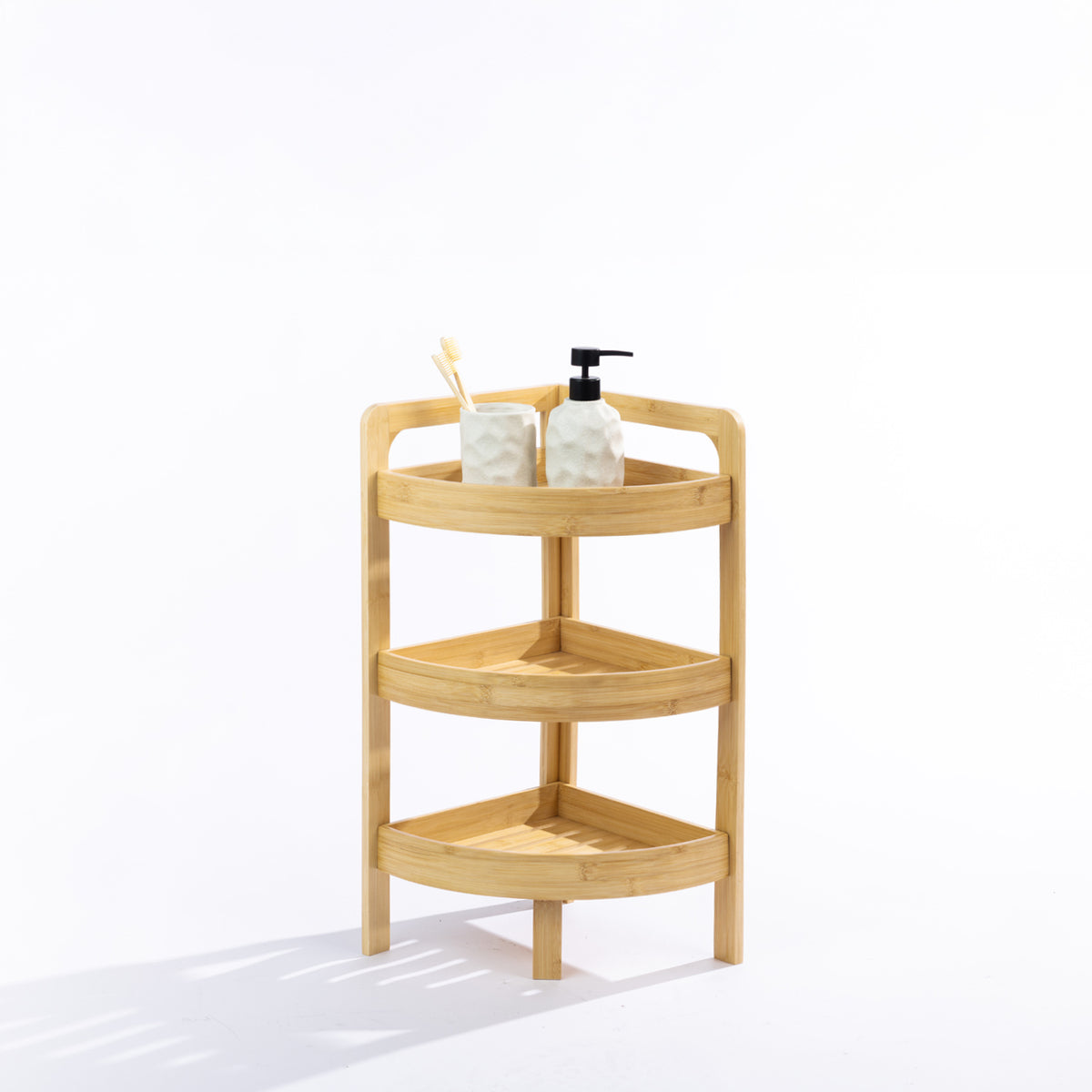 Solace Hale 3 Tier Corner Shelf Short Natural styled with a toothbrush holder and soap dispenser on a white background.