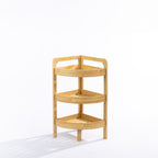 Solace Hale 3 Tier Corner Shelf Short Natural shown empty on a white background, highlighting the compact three-tier corner design.