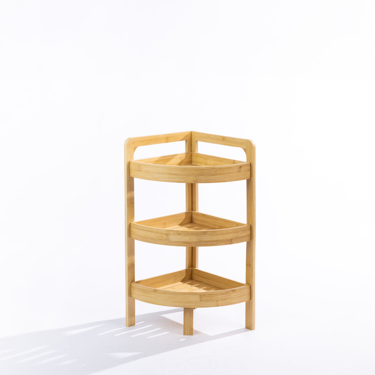 Solace Hale 3 Tier Corner Shelf Short Natural shown empty on a white background, highlighting the compact three-tier corner design.