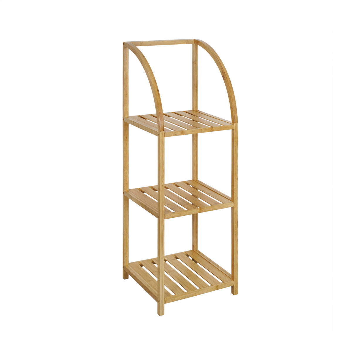 Solace Hale 3 Tier Bamboo Shelf Tall Natural shown on a white background with three open slatted shelves and a curved upper frame.