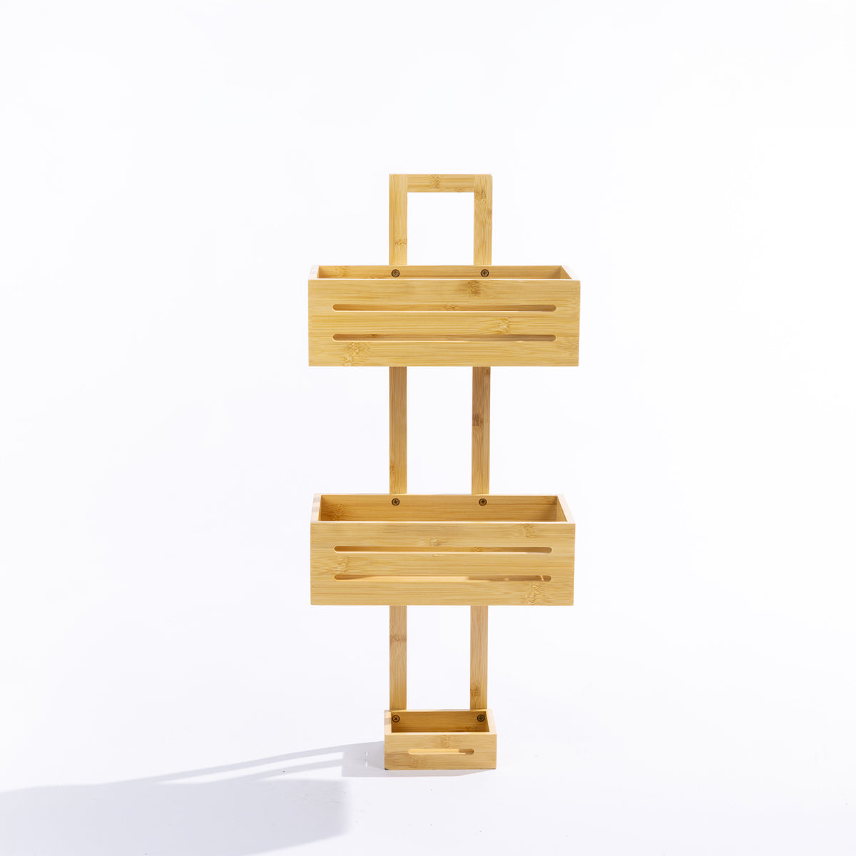 Solace Hale Bamboo Shower Caddy Natural shown front-on against a white background with two larger storage baskets and a small lower compartment.