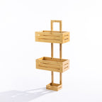 Solace Hale Bamboo Shower Caddy Natural shown at an angle on a white background, highlighting the open slotted storage baskets.