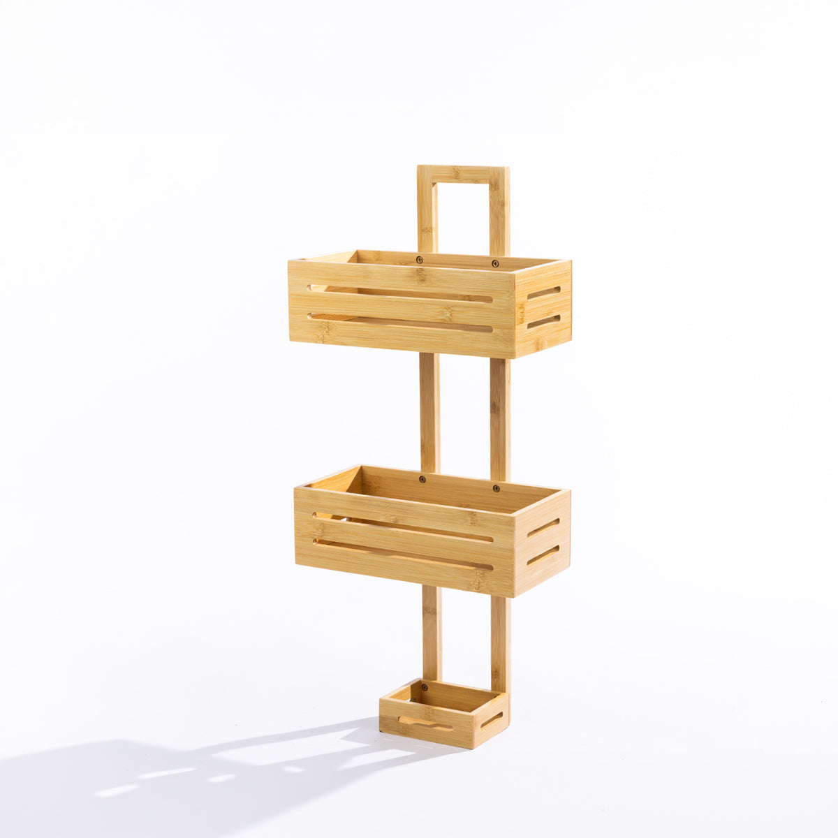 Solace Hale Bamboo Shower Caddy Natural shown at an angle on a white background, highlighting the open slotted storage baskets.