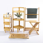 Solace Hale bathroom bamboo range displayed together, including corner shelving, towel storage, folding stool and bamboo bathmat.