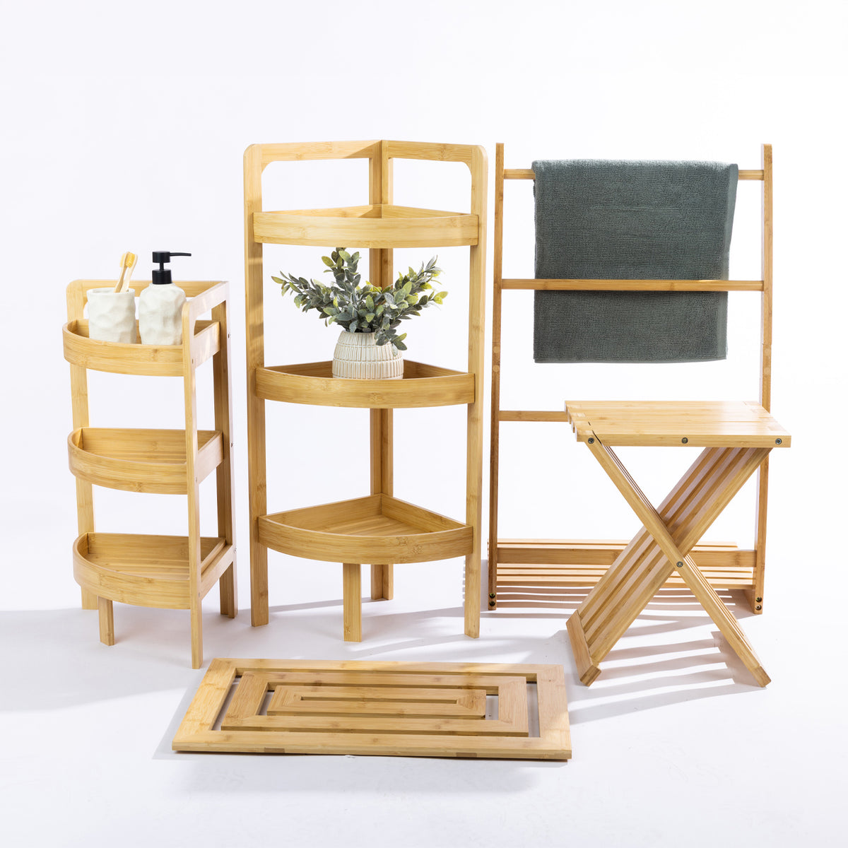 Solace Hale bathroom bamboo range displayed together, including corner shelving, towel storage, folding stool and bamboo bathmat.