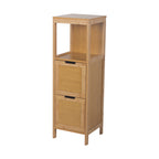 A tall, narrow wooden bathroom storage cabinet with two drawers and an open upper shelf, shown on a plain white background.