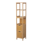 A tall, narrow wooden storage cabinet with 2 open shelves on top and two drawers at the bottom, shown on a plain white background.