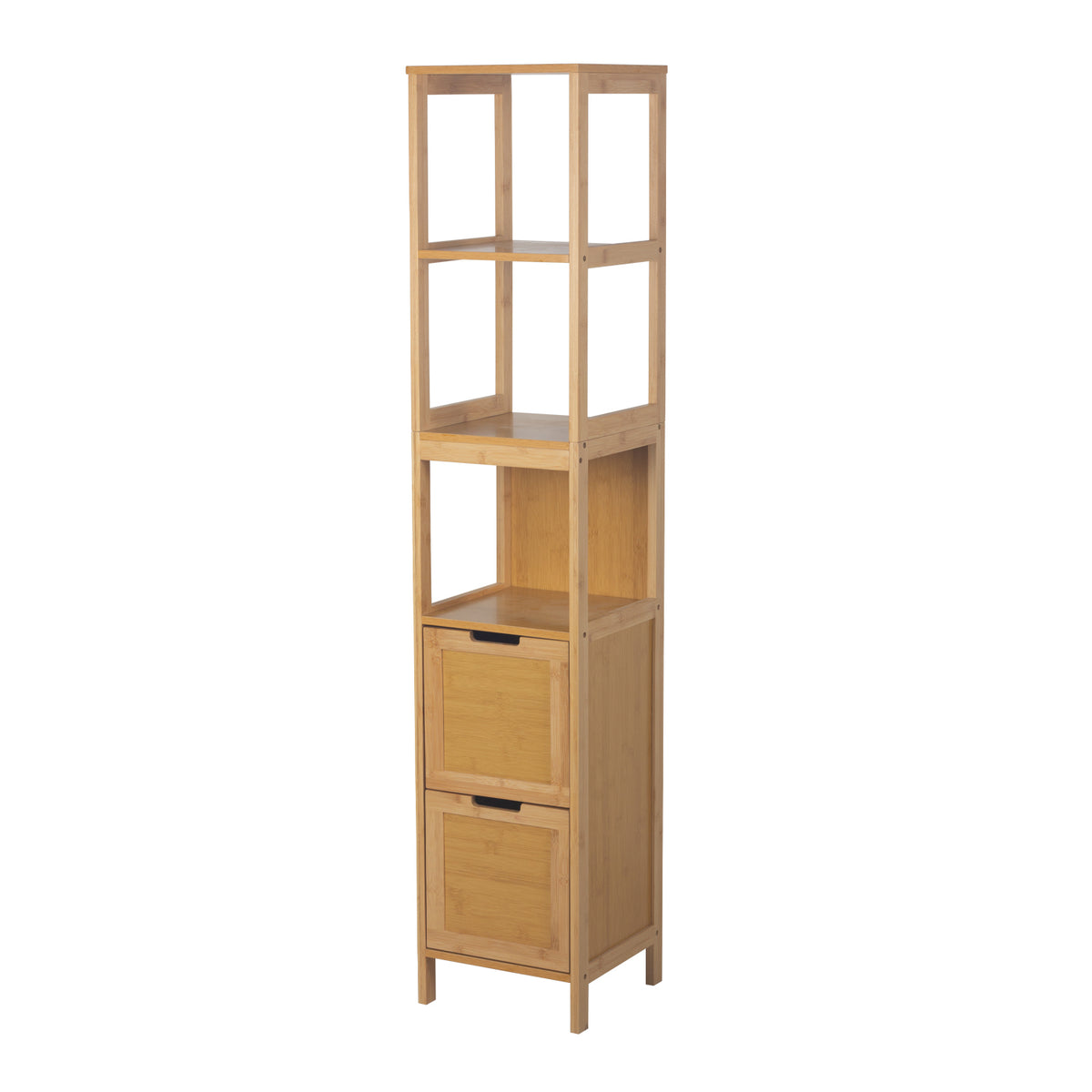 A tall, narrow wooden storage cabinet with 2 open shelves on top and two drawers at the bottom, shown on a plain white background.